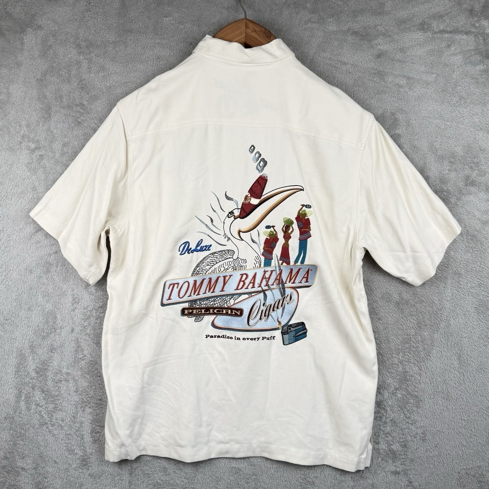 Tommy Bahama Pelican Cigar Camp Shirt Mens S 100% Silk Embroidered Ivory Vacay